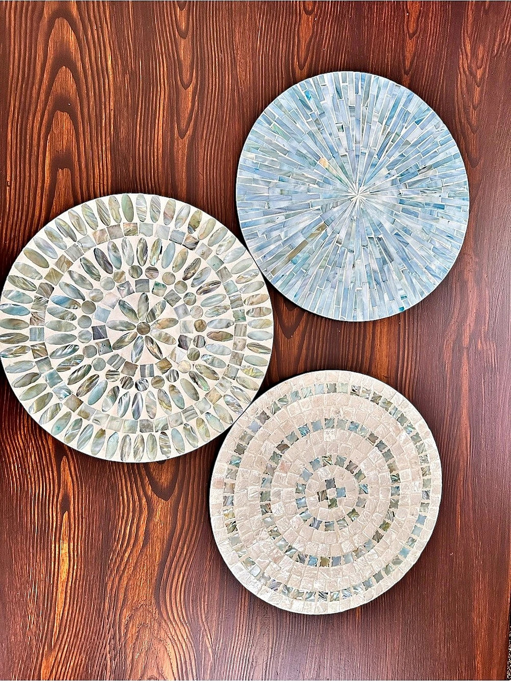 3 Pcs 12'' Blue Mother of Pearl Shell Plate Coastal Wall Art